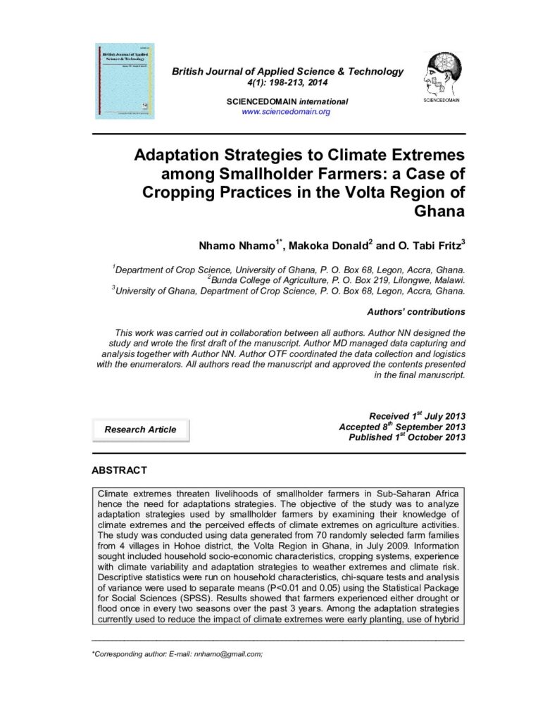 thumbnail of Adaptation Strategies to Climate Extremes among Smallholder Farmers A Case of Cropping Practices in the Volta Region of Ghana, British Journal of Applied Science an
