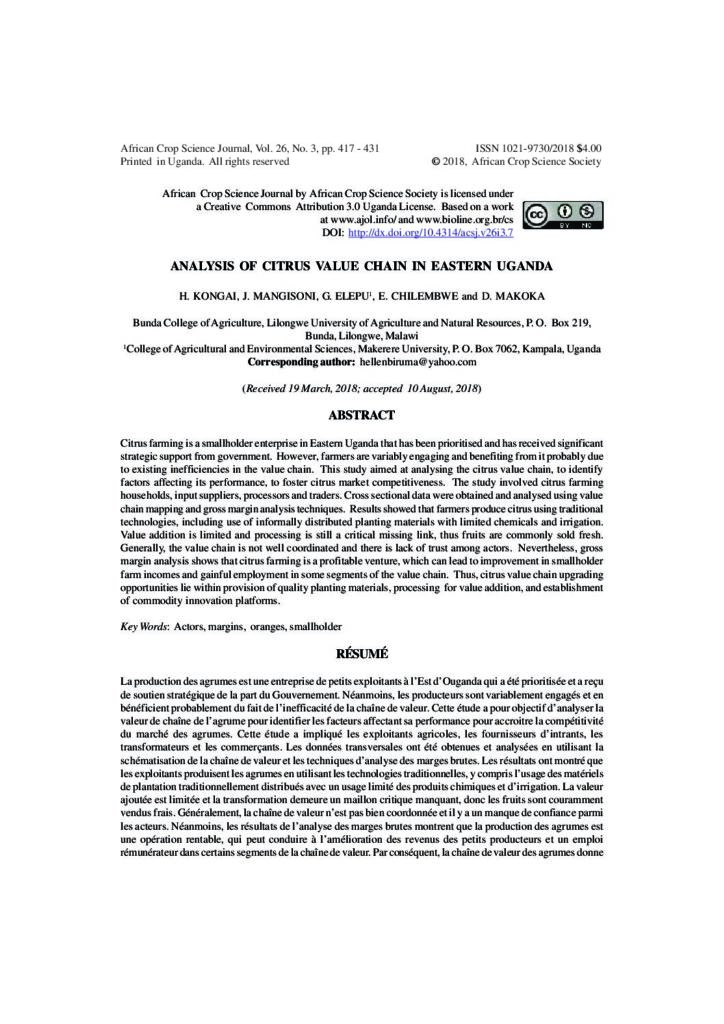 thumbnail of Analysis of Citrus Value Chain in Eastern Uganda, African Crop Science Journal