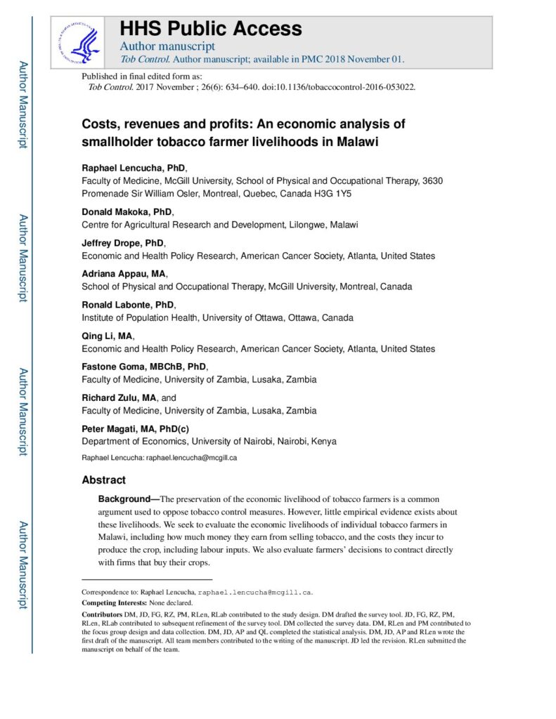 thumbnail of Costs, Revenues and Profits An Economic Analysis of Smallholder Tobacco Farmer Livelihoods in Malawi, Tobacco Control 26(6)