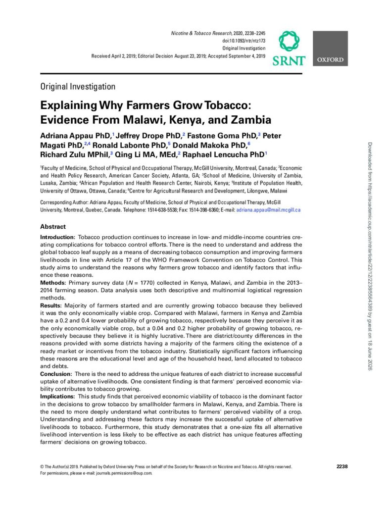 thumbnail of Explaining Why Farmers Grow Tobacco evidence from malawi kenya zambia