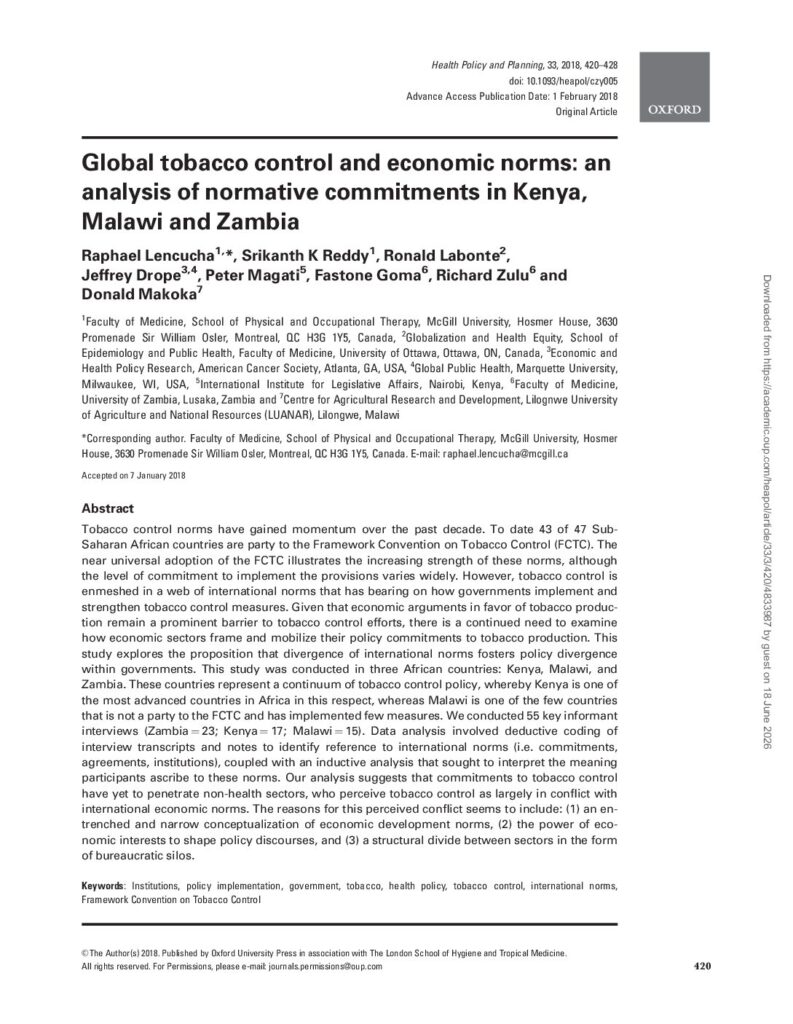 thumbnail of Global Tobacco Control and Economic Norms an Analysis of Normative Commitments in Kenya, Malawi and Zambia, Health Policy and Planning
