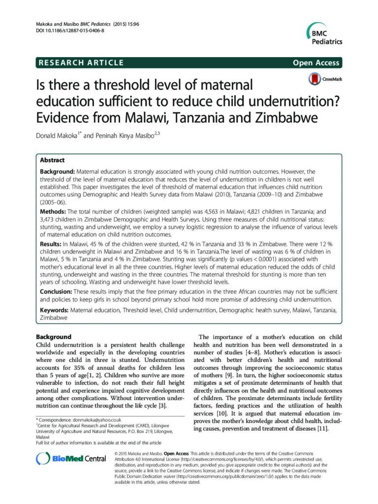 thumbnail of Is there a Threshold Level of Maternal Education Sufficient to Reduce Child Malnutrition Evidence from Malawi, Tanzania and Zimbabwe, BMC Paediatrics