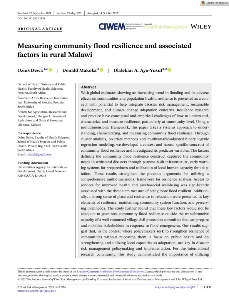 thumbnail of J Flood Risk Management – 2022 – Dewa – Measuring community flood resilience and associated factors in rural Malawi