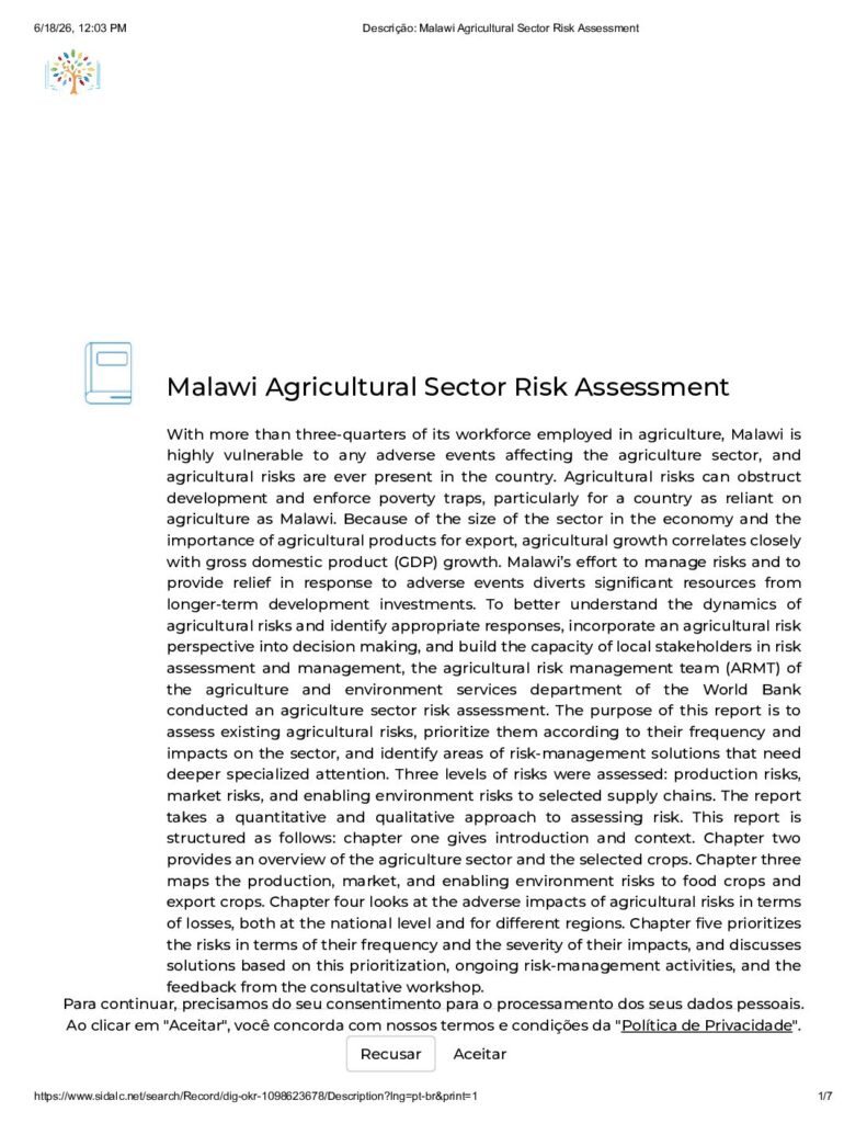 thumbnail of Malawi Agricultural Sector Risk Assessment. Agriculture Global Practice Technical Assistance Paper. Washington, D.C. World Bank Group.