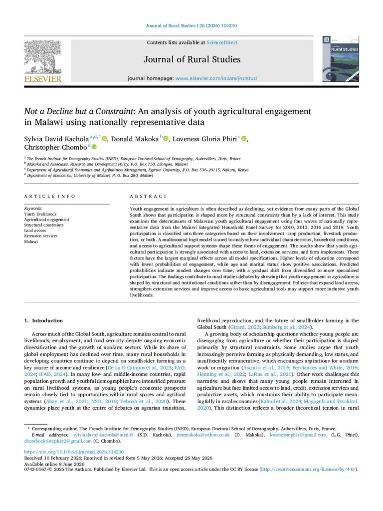 thumbnail of Not a Decline but a Constraint An analysis of youth agricultural engagement in Malawi using nationally representative data. Journal of Rural Studies