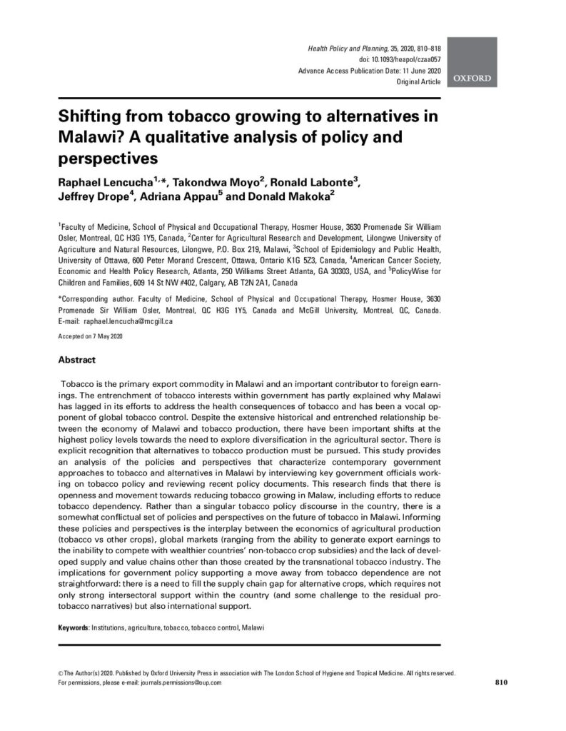 thumbnail of Shifting from Tobacco Growing to Alternatives in Malawi A Qualitative Analysis of Policy and Perspectives, Health Policy and Planning