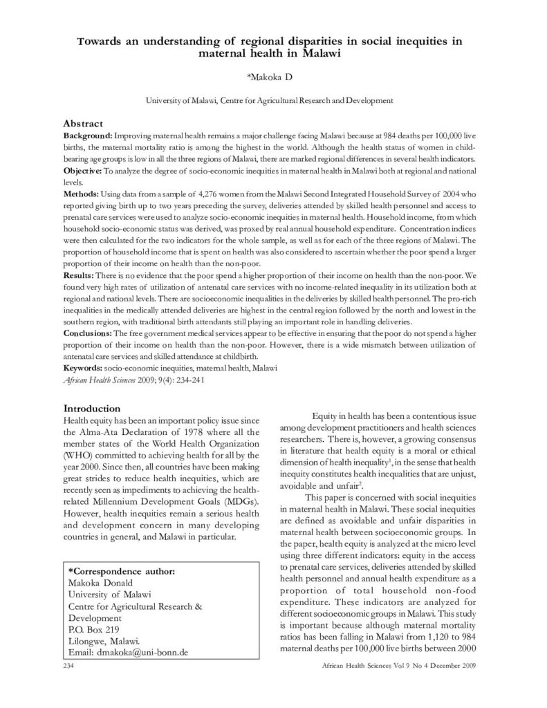thumbnail of Towards an Understanding of Regional Disparities in Social Inequities in Maternal Health in Malawi, African Health Sciences
