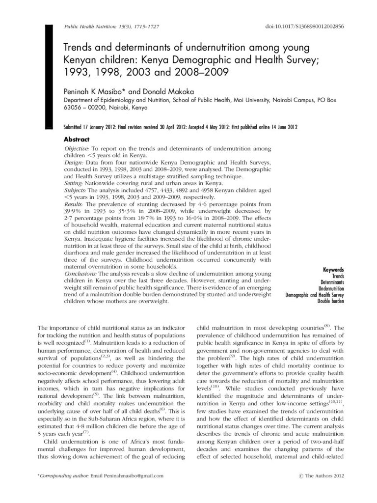 thumbnail of Trends and Determinants of Undernutrition among Young Kenyan Children Kenya DHS 1993, 1998, 2003 and 2008 09, Public Health Nutrition 2